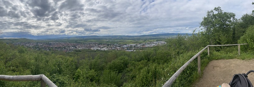 Ein Panoramabild, welches in ein Tal hinabschaut, das sehr weit ist. Viele Bäume und viel grün, dabei ein dramatisch aussehender Himmel mit Wolken