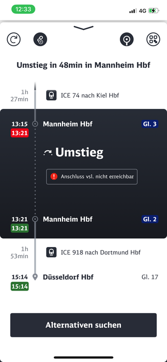 DB Navigator zeigt 0 Minuten Umsteigezeit in Mannhein