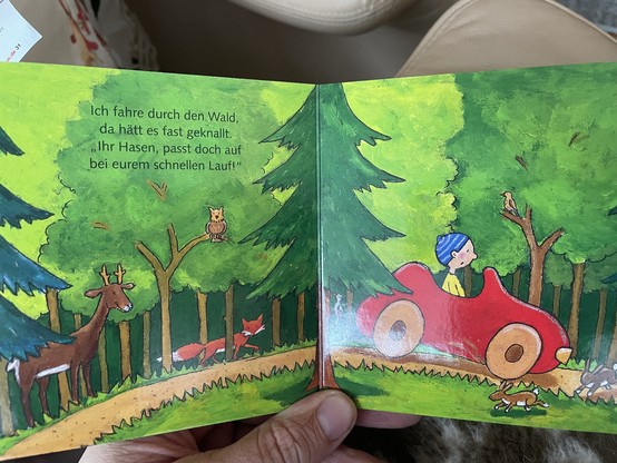 Kinderbuchillustration eines Kindes in einem roten Auto das durch einen Wald fährt, mit Wildtieren um sich rum. Text:

„Ich fahre durch den Wald, da hätt es fast geknallt. Ihr Hasen, passt doch auf bei eurem schnellen Lauf!