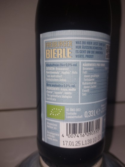 Rückseitig Label einer Bierflasche der Freiburger Brauerei Ganter für 