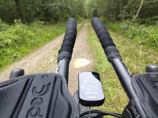 Cockpit von einem Rennrad mit Aerobars. Das Rad fährt auf einem Waldweg.
