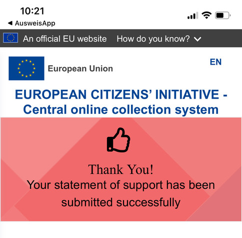 Screenshot of a red success message banner  after identifying with an eID on an European Citizens‘ Initiative 