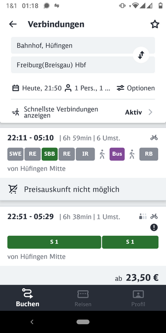 DB Navigator App sagt 22:11-05:10 Preisauskunft nicht möglich oder 22:51-05:29 für 23,50€