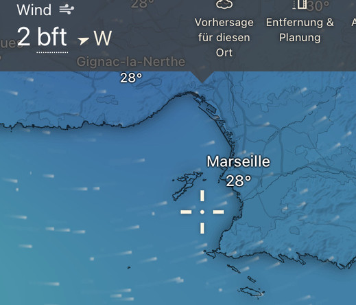 Screenshot einer Wetterkarte: Vor der Marina de Marseille gibt es 2 bft westlichen 
