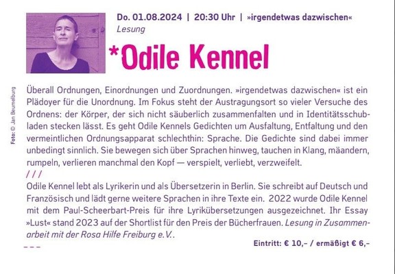 Es geht Odile Kennels Gedichten um Ausfaltung, Entfaltung und den vermeintlichen Ordnungsapparat schlechthin: Sprache. Die Gedichte sind dabei immer unbedingt sinnlich. Sie bewegen sich über Sprachen hinweg, tauchen in Klang, mäandern, rumpeln, verlieren manchmal den Kopf — verspielt, verliebt, verzweifelt. Sie sind auf der Suche nach etwas, das nicht nur benennbar, nicht nur denkbar, sondern auch lebbar ist.