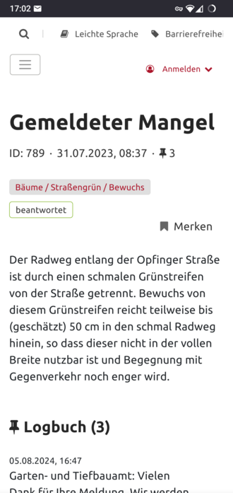 Screenshot Mangelmelder. Meldung von Bewuchs am 31. Juli 2023.