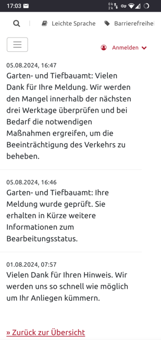 Screenshot Mangelmelder, gleicher Mangel, Kommentar 1. August 2024:
