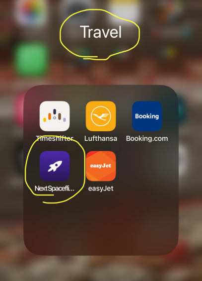 Next space flight app inside travel group on the phone