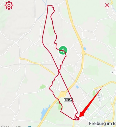 Karte mit Track: March - Umkirch - Rieselfeld - ParkRun Dietenbach (markiert durch Pfeil) - Nimburg - March